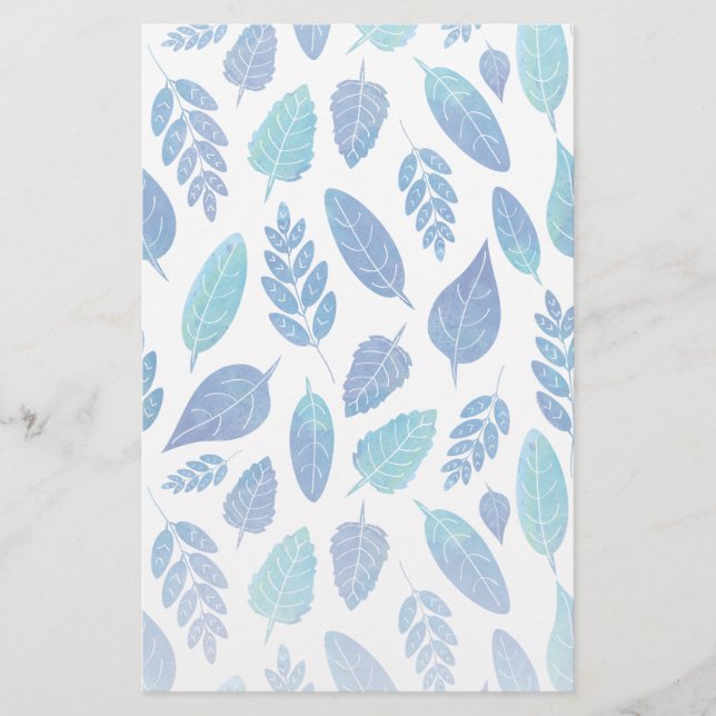 Papelaria Padrão de Folhas de Aquarela Azul (Frente)