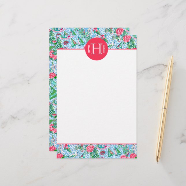 Papelaria Padrão De Praia De Nantucket Preppy Palm Monograma (Frente/Verso In Situ)