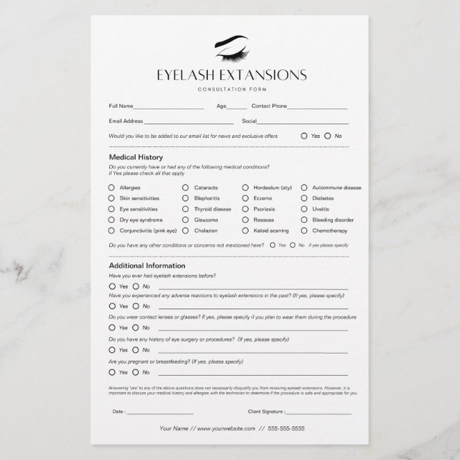 Papelaria Páginas de Registro de Cliente de Extensão Eyelash (Verso)