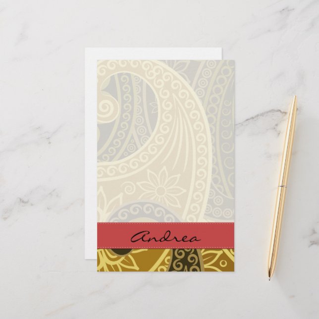 Papelaria Paisley Pattern, Persa Paisley, Boteh, Seu Nome (Frente/Verso In Situ)