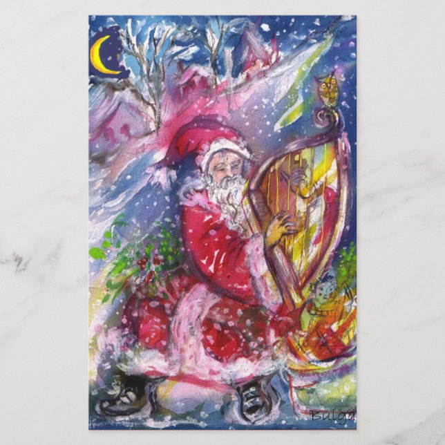 Papelaria Papai Noel tocando harpa ao luar Natal (Frente)