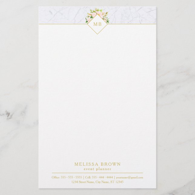 Papelaria Papel de Carta Chic Pastel de Marble Floral Elegan (Frente)