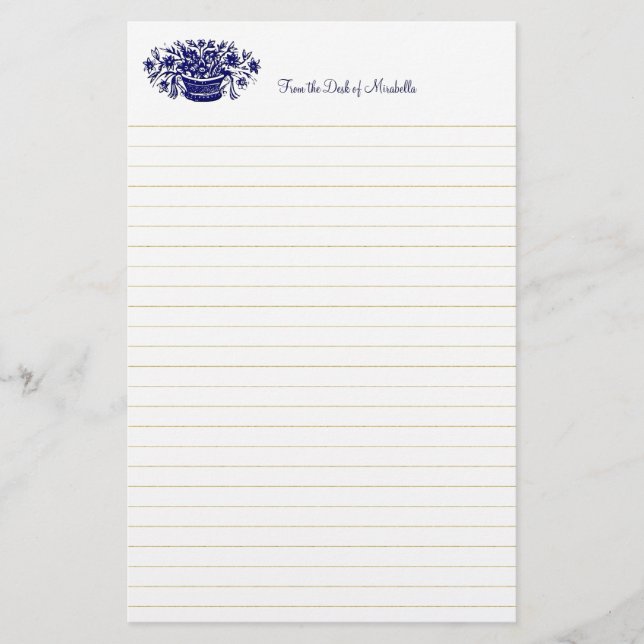 Papelaria Papel de Carta Personalizado de Cesta de Flor Azul (Frente)