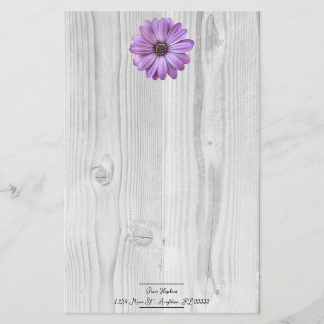 Papelaria Papel de Carta Personalizado Rustic Purple Daisy (Frente)