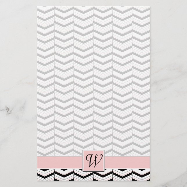 Papelaria Papel de Carta Preto-Branco e Chevron-Blush (Frente)