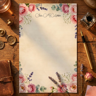 Papelaria Papel Floral Rosa Bege com Linhas em Aquarela Vint