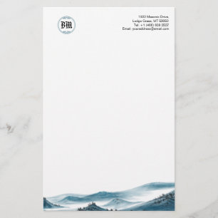 Papelaria Papel Monograma Azul Branco Mountain View