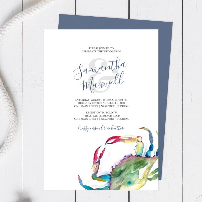 Papelaria para Casamento na Praia com Caranguejo e (Beach wedding invitations watercolor blue crab art by Victoria Grigaliunas of Do Tell A Belle)