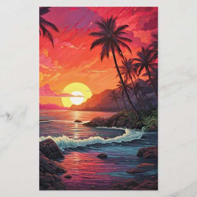 Papelaria Paraíso da Ilha da Praia Tropical ao Pôr do Sol (Frente)