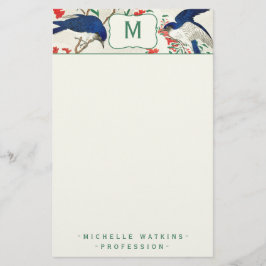 Papelaria Pássaro de Woodblock japonês Elegante Monograma