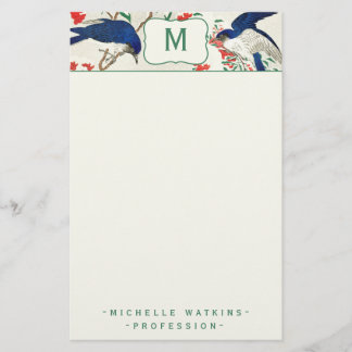 Papelaria Pássaro de Woodblock japonês Elegante Monograma
