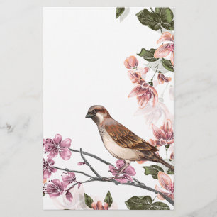 Papelaria Pássaro em um ramo com flores cor-de-rosa