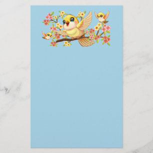 Papelaria Pássaros bonitos e felizes entre as flores da prim