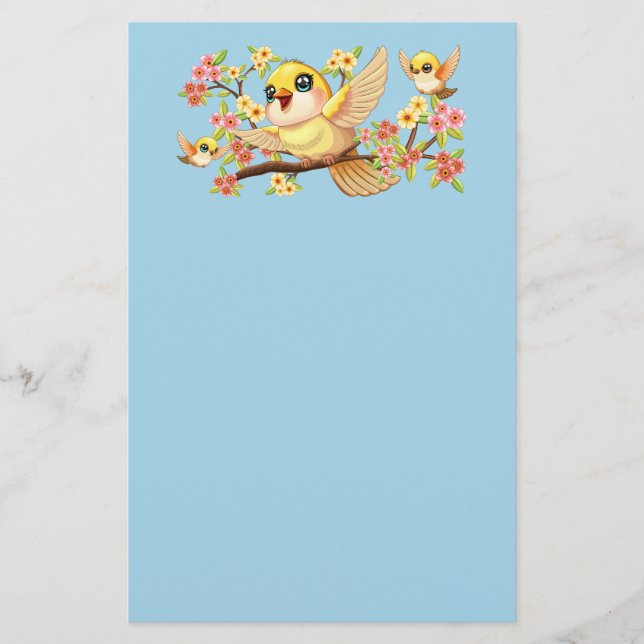 Papelaria Pássaros bonitos e felizes entre as flores da prim (Frente)