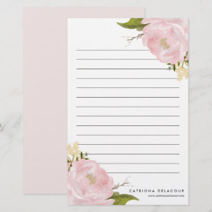 Papelaria Peônias de cor d'água, desenhadas à mão, rosa,
