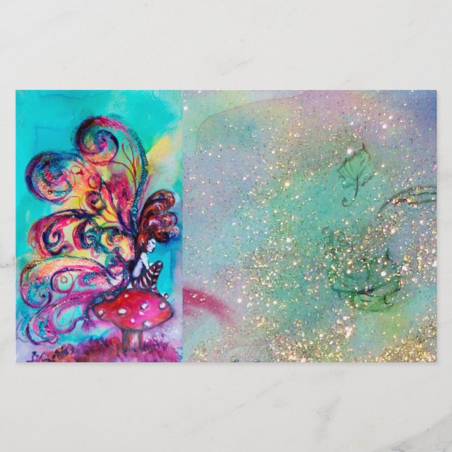 PAPELARIA PEQUENO ELF DE COGUMELOS EM ESPUMES AZUIS DOURADOS (Frente)