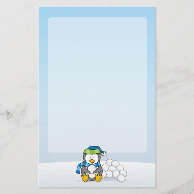 Papelaria Pequeno pinguim sentado com bolas de neve (Frente)