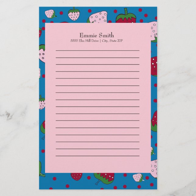 Papelaria Personalizado Doce Morango Rosa Azul Vermelho (Frente)