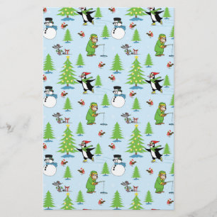 Papelaria Pinguim de Natal patinando no gelo e pescador de u