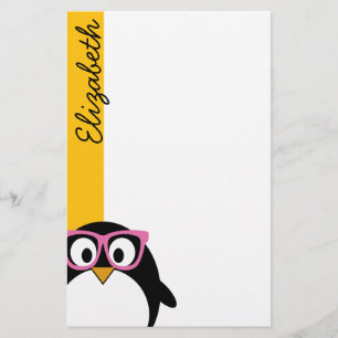 Papelaria Pinguim Hipster - Cartonagem branca, cor-de-rosa a
