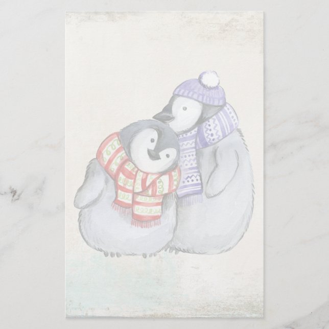 Papelaria Pinguins Fofos no Inverno com Cachecóis e Chapéus (Frente)
