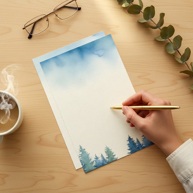 Papelaria Pinheiros azuis de inverno (Winter blue pine trees plain stationery)