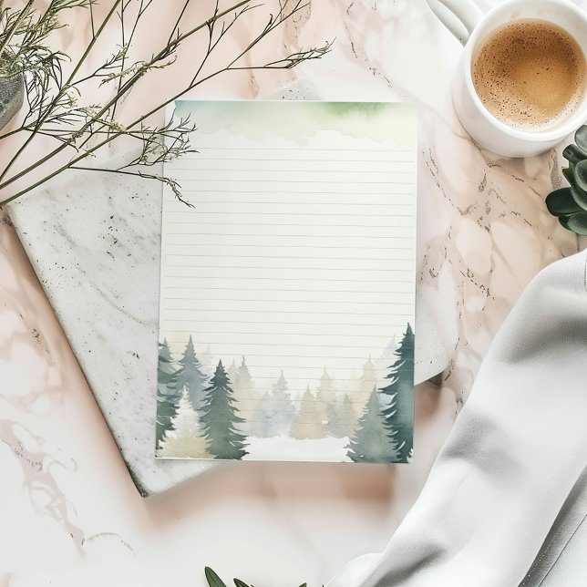 Papelaria Pinheiros verdes com tema do inverno (Watercolor forest lined stationery with pine tree border and soft green accents.)