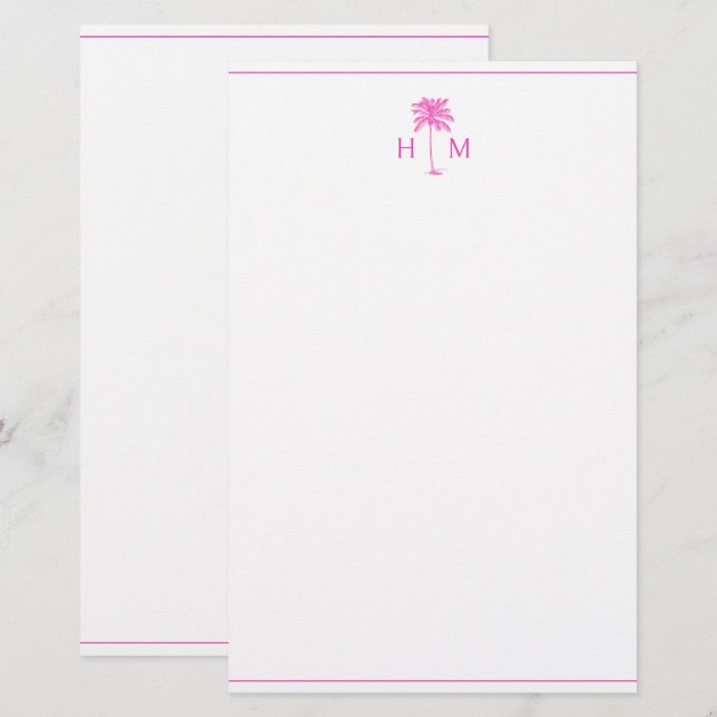Papelaria Pink and White Palm Palmetto Tree Monogram (Frente/Verso)