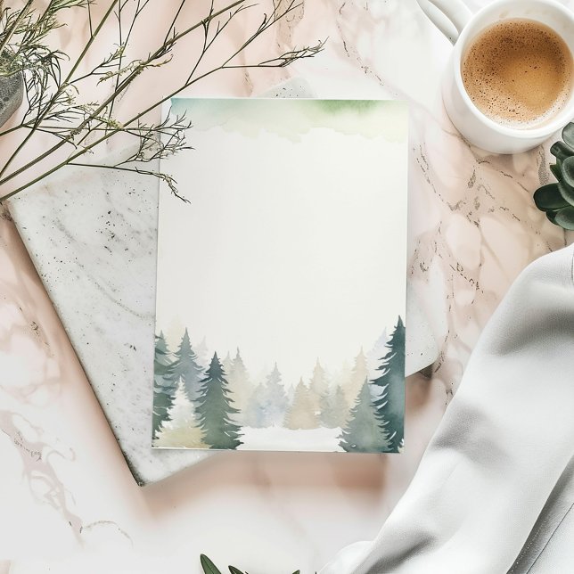 Papelaria Planta de pinheiros verdes com tema de inverno (Watercolor forest stationery with pine tree border and soft green accents.)