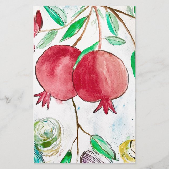 Papelaria Pomegranato fruta vermelho Tropical Aquarela (Frente)