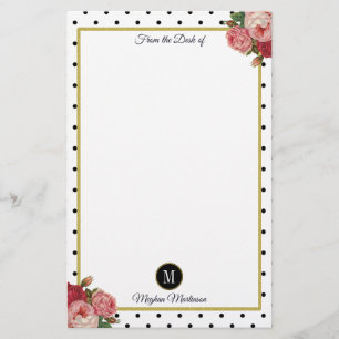Papelaria Pontos brancos pretos Vintage Monograma Floral Nom