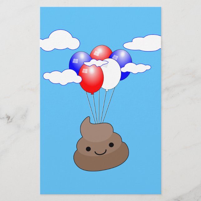 Papelaria Poo Emoji Voando Com Balões No Céu Azul (Frente)