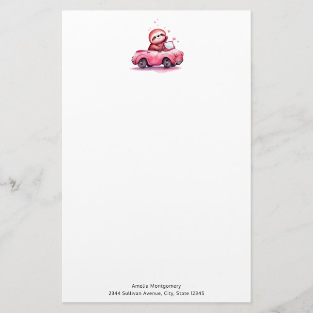 Papelaria Preguiça Fofa Dirigindo um Conversível Rosa (Frente)
