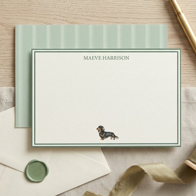 Papelaria Preppy Verde Sage Listra Dachshund (Preppy Sage Green Stripe Dachshund Stationery)