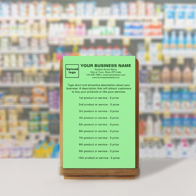 Papelaria Produtos ou serviços comerciais em verde claro (Your business products or services on light green stationery.)