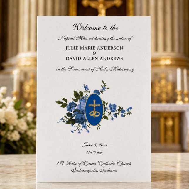 Papelaria Programa de Casamento Católico Elegante Azul  Pape (Criador carregado)