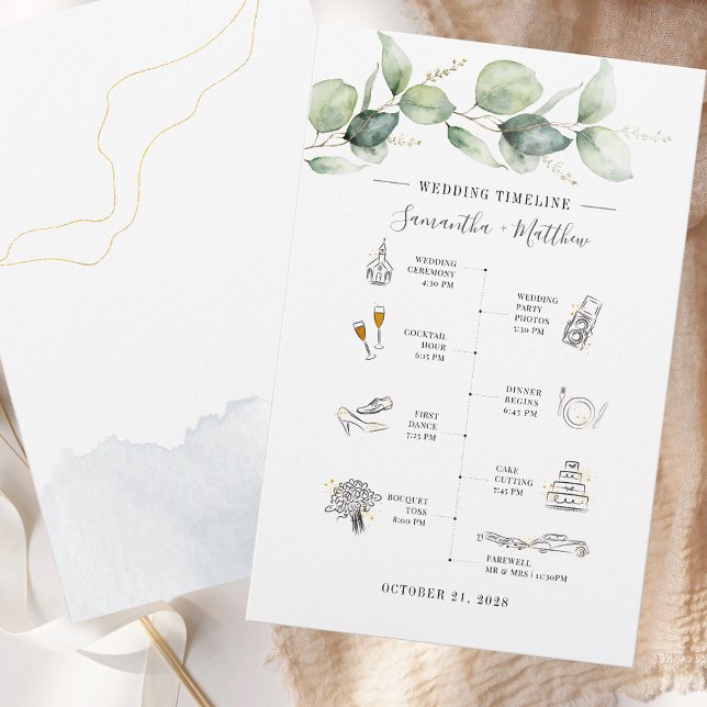Papelaria Programa Itinerário de Casamento de Ícones Moderno (Eucalyptus Modern Icon Wedding Itinerary Program Stationery)