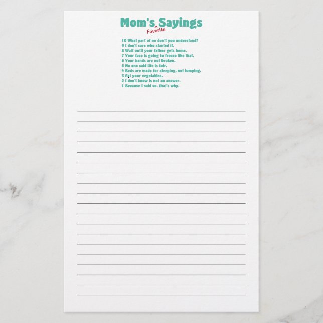 Papelaria Provérbios favoritos da mãe em presentes para ela (Frente)