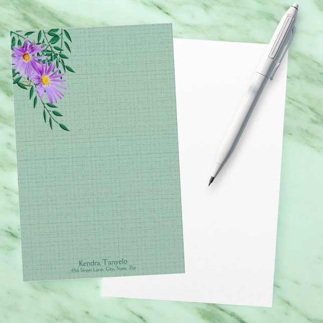 Papelaria Púrpura bonito Canto de Fotografia de Flor Selvage (stationery front with template text and design with solid white back. )