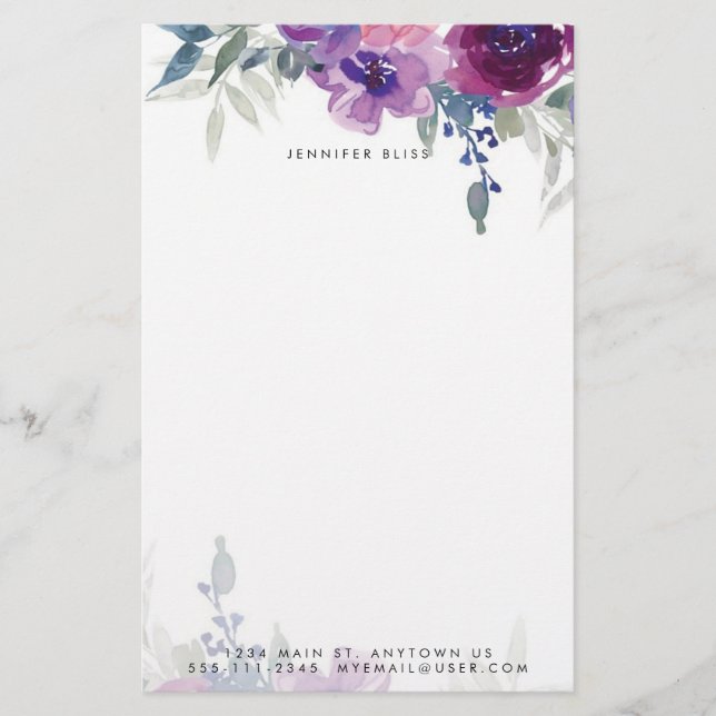 Papelaria Púrpura e azul aquarela floral personalizada (Frente)