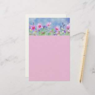 Papelaria Rosa E Azul Com Enfeite Floral Para Escr