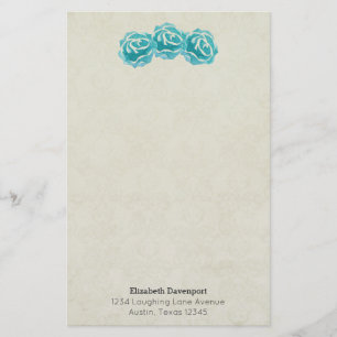 Papelaria Rosas de Aquarela Teal na Cor damasco de tom desbo