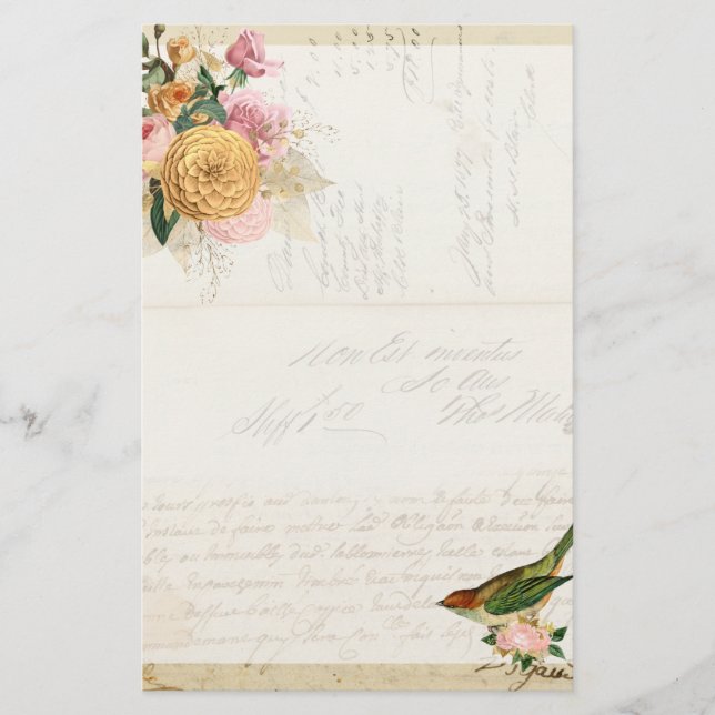 Papelaria Rosas de pincel e ouro com estação de pássaros (Frente)