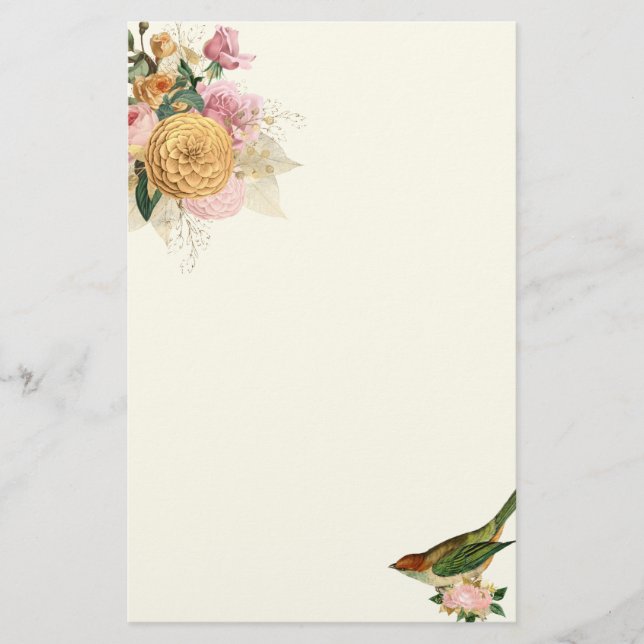 Papelaria Rosas de pincel e ouro com pássaro (Frente)