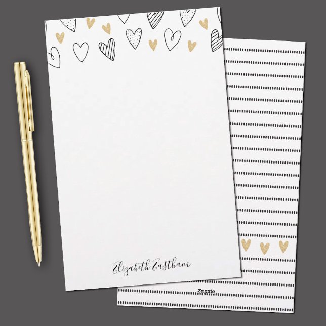 Papelaria Roteiro Feminino do Coração Dourado Girly Black (Elegant gold and black hearts and stripes stationery paper. Personalize it with your name.)