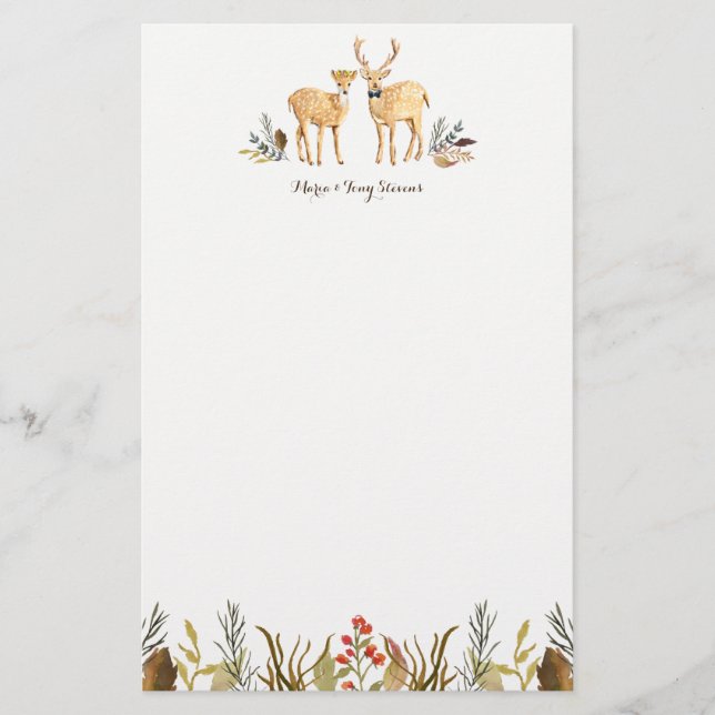 Papelaria Rustic Boho Woodland Deer Casal Watercolor (Frente)