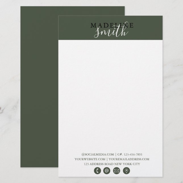 Papelaria Script Moderno Verde Escuro (Frente/Verso)