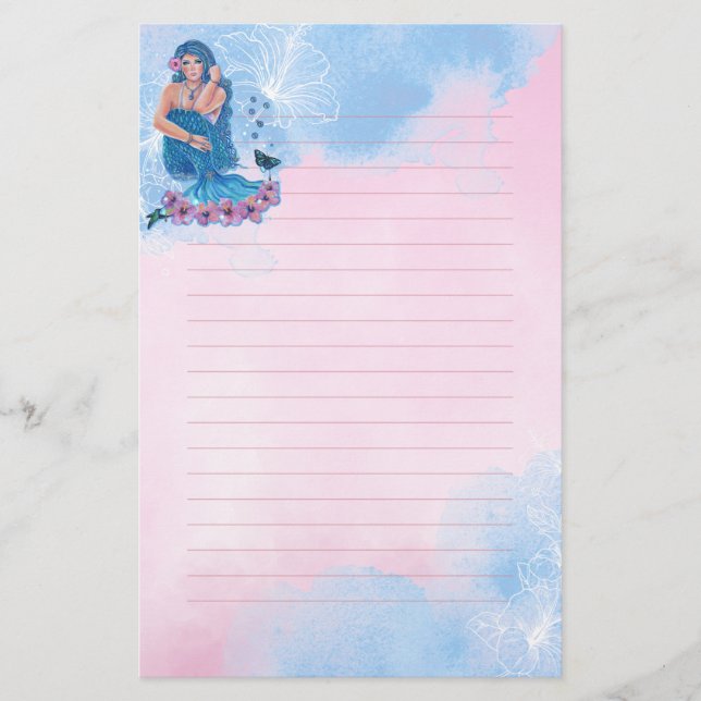 Papelaria Sereia com flores e arte por Renee Lavoie (Frente)