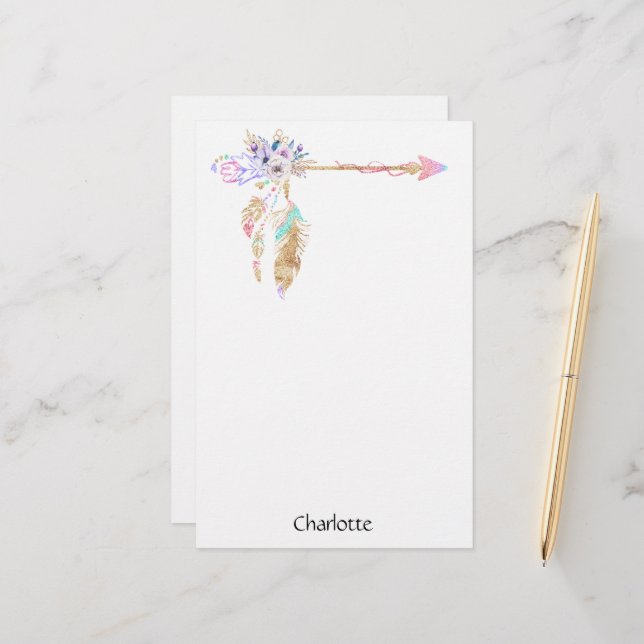 Papelaria Seta de pena Boho Floral com Papel de carta Nomead (Frente/Verso In Situ)