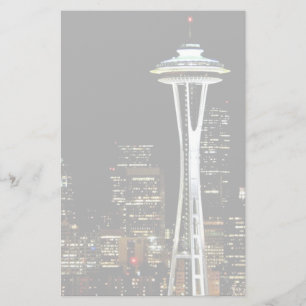 Papelaria Skyline de Seattle na noite, com agulha do espaço